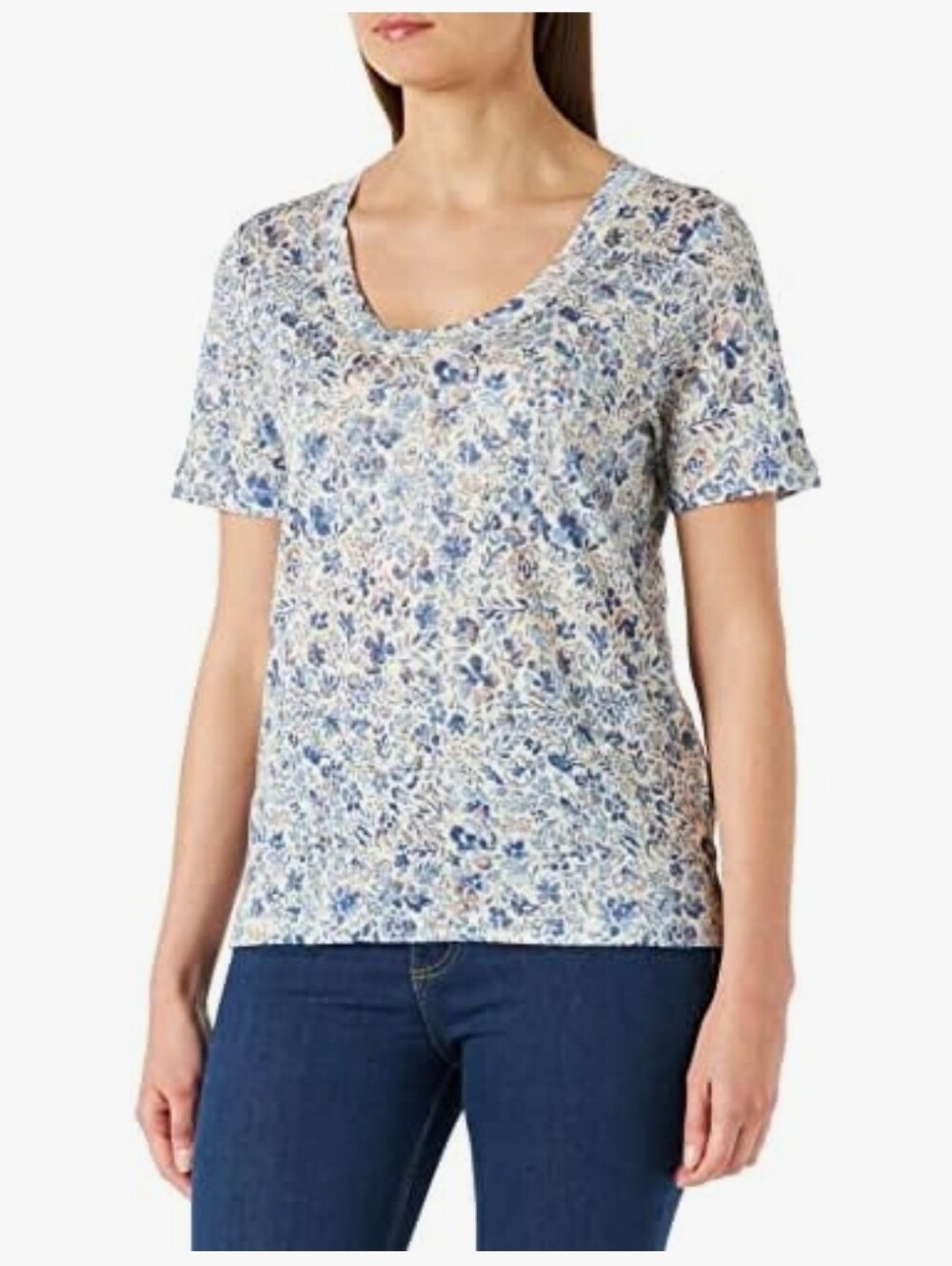 Part Two Floral Scoop Neck Linen Summer Tee - Blue & Cream